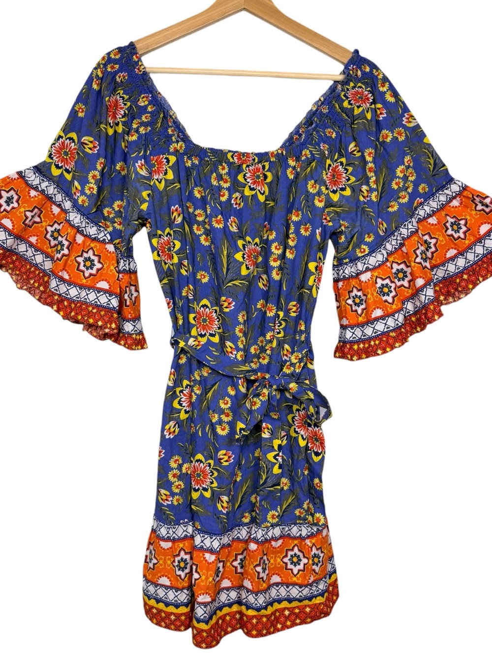 Joie Chloris Baja Blue Cotton Floral Mini Dress L Off Shoulder Boho - Picture 2 of 12
